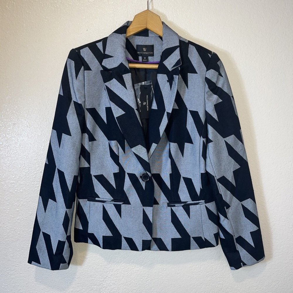 Worthington Houndstooth Blazer Jacket Womens Size 10 Black White Button NWT